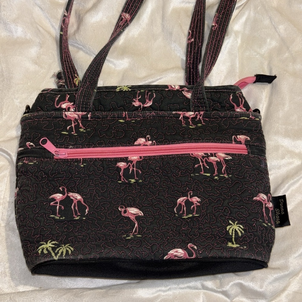 DONNA SHARP FLAMINGO NAVY BLUE AND PINK CANVAS TOTE/SHOULDER BAG ZIPPER CLOSURE